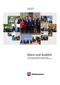 Titelseite der Bilanz-und-Ausblick-Broschüre „Für Innovation, Gerechtigkeit und Zusammenhalt – Ein Jahr Große Koalition für ein modernes Niedersachsen.“