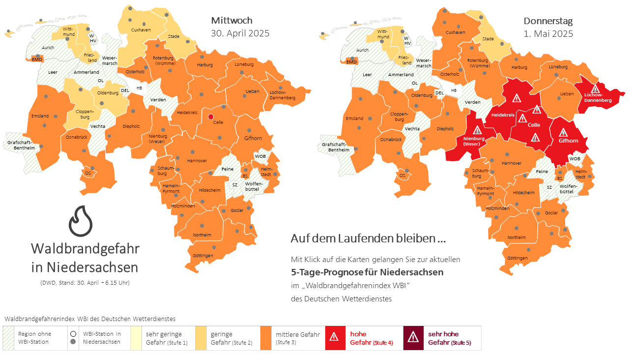 Mit Klick auf die Karten gelangen Sie zur 5-Tage-Prognose im Waldbrandgefahrenindex Niedersachsen des Deutschen Wetterdienstes