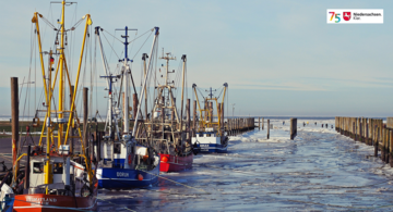 Fotokalender 75 Jahre Niedersachsen; Eingefrorene Fischkutter im Hafen von Dorum