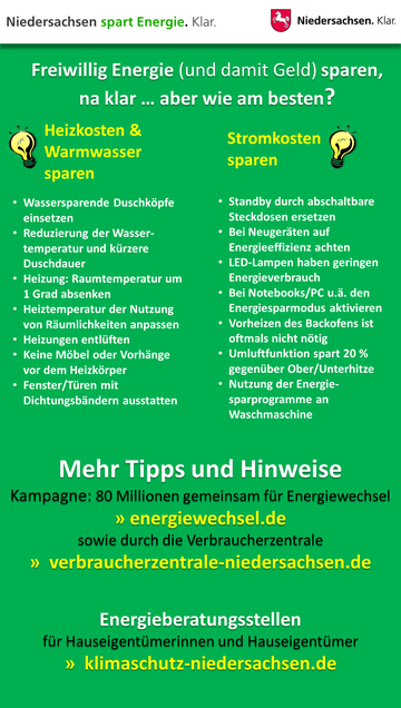 Grafik: Niedersachsen spart Energie - Heizkosten & Warmwasser sowie Stromkosten sparen, Energieberatung