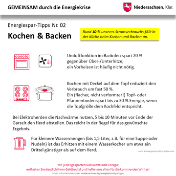 Infografik Energiekrise: Hinweise zum Sparen im Bereich Kochen und Backen