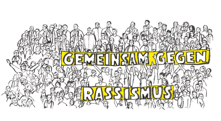Zeichnung, eine große Gruppe unterschiedlicher Menschen umgibt ein Plakat mit der Aufschrift "Gemeinsam gegen Rassismus".