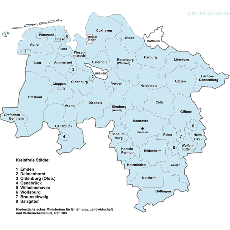 Übersichtskarte der Landkreise in Niedersachsen