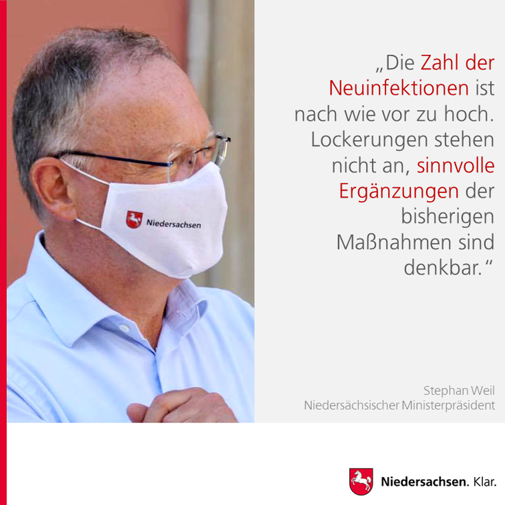Ministerpräsident Stephan Weil mit Mund-Nasen-Bedeckung. Rechts davon eingeblendeter Text: „Die Zahl der Neuinfektionen ist nach wie vor zu hoch. Lockerungen stehen nicht an, sinnvolle Ergänzungen der bisherigen Maßnahmen sind denkbar.“