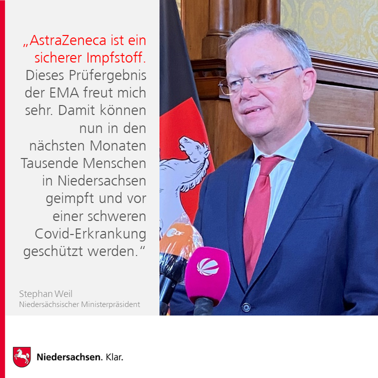 Text neben Stephan Weil: AstraZeneca ist ein sicherer Impfstoff. Dieses Prüfergebnis der EMA freut mich sehr. Damit können nun in den nächsten Monaten Tausende Menschen in Niedersachsen geimpft und vor einer schweren COVID-Erkrankung geschützt werden