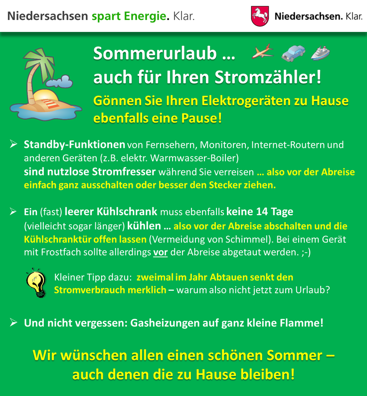 Grafik: Niedersachsen spart Energie - Sommerurlaub ... auch für Ihren Stromzähler