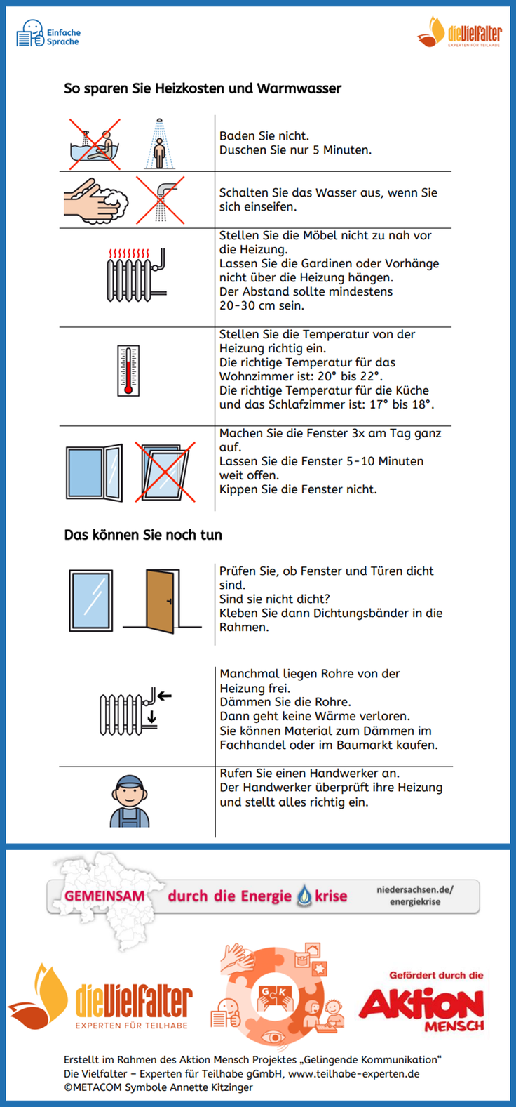 Infografik Energiekrise: So sparen Sie Heizkosten und Warmwasser (Einfache Sprache)