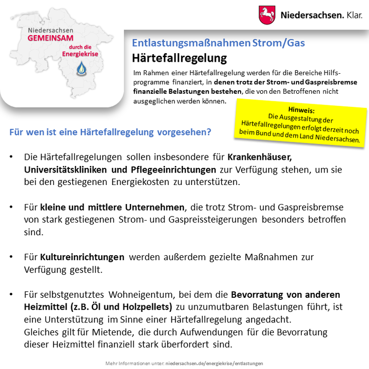 Niedersachsen - Gemeinsam durch die Energiekrise: Entlastungen (Härtefallregelung)