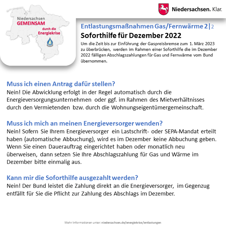 Niedersachsen - Gemeinsam durch die Energiekrise: Entlastungen (Soforthilfe Dezember)