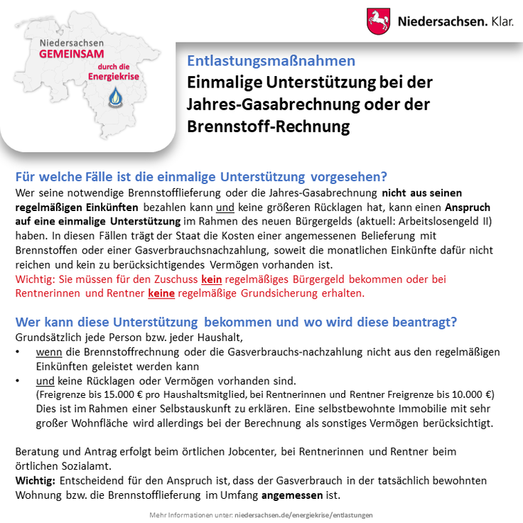 Niedersachsen - Gemeinsam durch die Energiekrise: Einmalige Unterstützung bei der Jahres-Gasabrechnung oder der Brennstoff-Rechnung