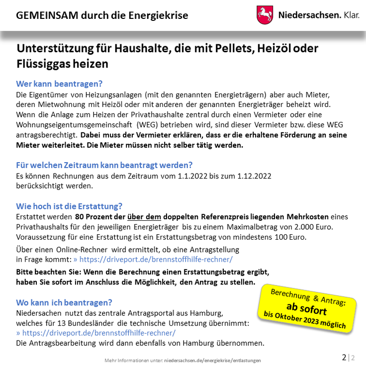 Niedersachsen - Gemeinsam durch die Energiekrise: Infografik 02 Brennstoffhilfe für Haushalte, die mit Heizöl, Pellet oder Flüssiggas heizen