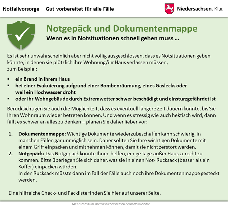 Notfall-Monitor Niedersachsen: Schaubild Notgepäck und Dokumentenmappe