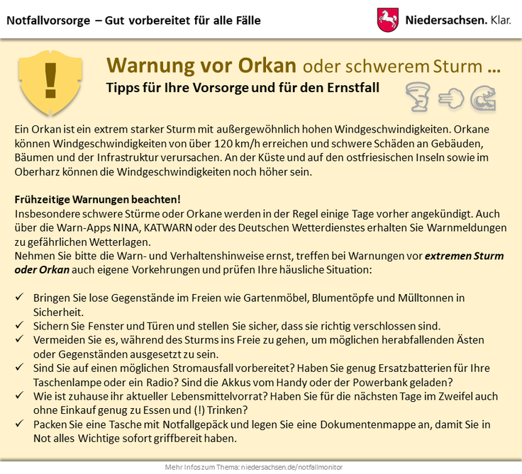 Notfall-Monitor Niedersachsen: Verhalten bei Orkan