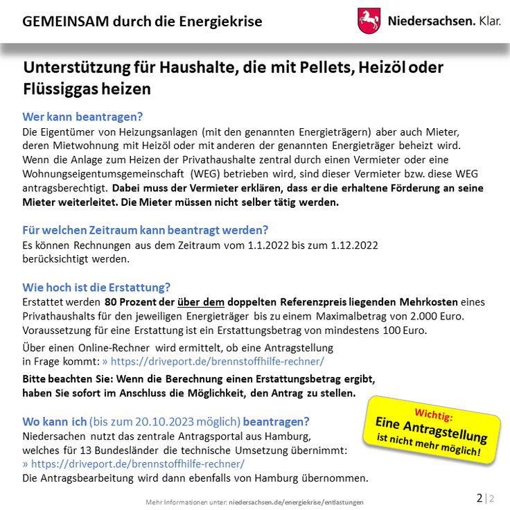 Niedersachsen - Gemeinsam durch die Energiekrise: Infografik 02 Brennstoffhilfe für Haushalte, die mit Heizöl, Pellet oder Flüssiggas heizen
