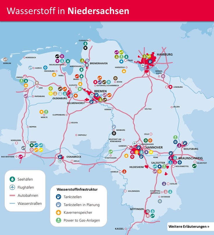 Wasserstoff in Niedersachsen (Kartenansicht)