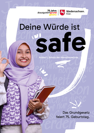 Plakatmotiv 75 Jahre Grundgesetz: Deine Würde ist safe.