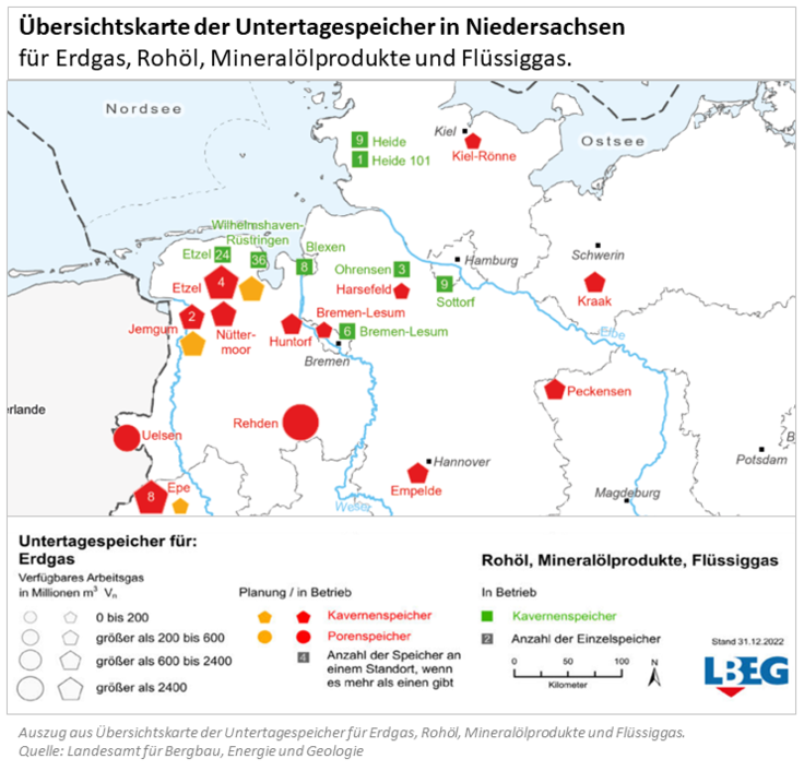 Übersichtskarte (LBEG) der Untertagespeicher in Niedersachsen