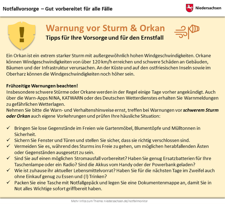 Notfall-Monitor Niedersachsen: Verhalten bei Orkan