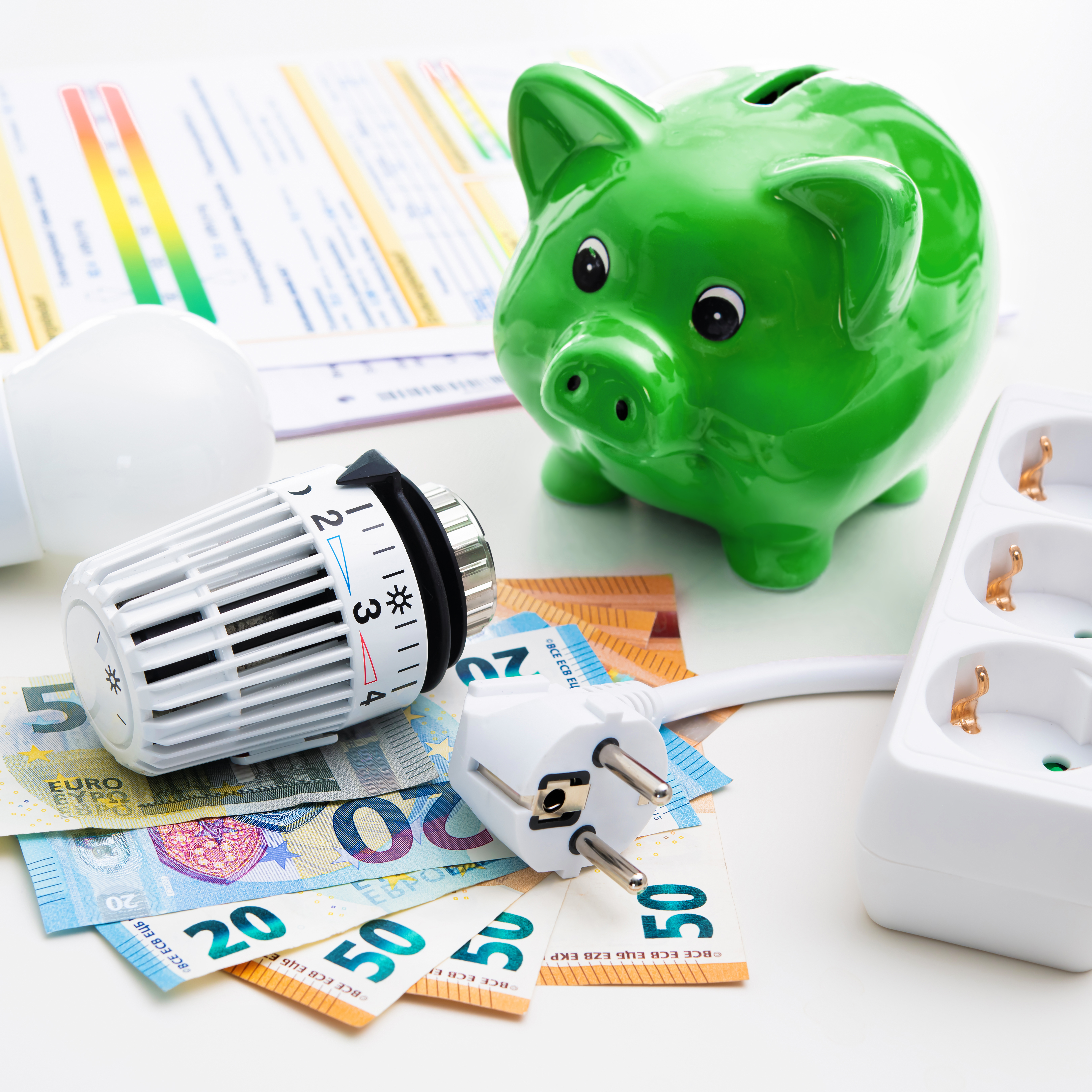 Geldscheine mit Sparschwein, Heizregler, Steckdose